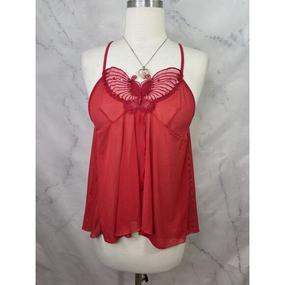 Y2K Rampage Babydoll Cami Top Red M Coquette Fairy gothic Butterfly Sheer Beaded - Picture 11 of 16